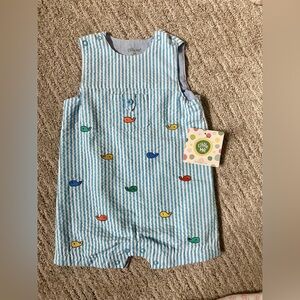 Little Me Blue and White Striped Whale Embroidered Sunsuit
